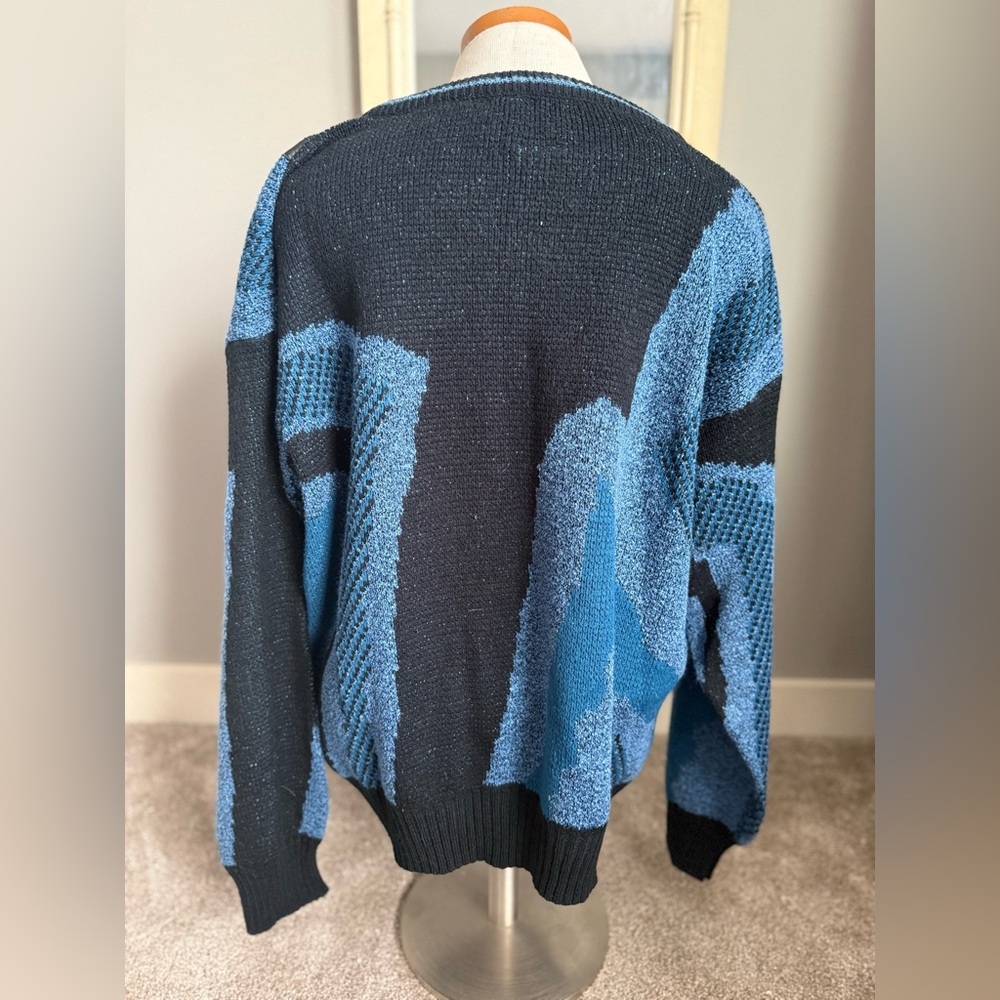 Vintage Black and Blue Abstract Acrylic Crewneck Sweater with Leather accents - Picture 2 of 9